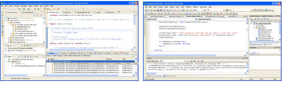 Eclipse on the left hand side, and the curiously completely opposite Visual Studio on the right hand side.