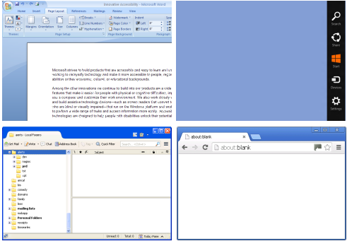 Clockwise from top: Word 2007's "Vortex of colour" up the top left, "Charms" in Windows 8,tThat horizontal stripey menu  in Chrome, and Thunderbird's slavish reproduction of it