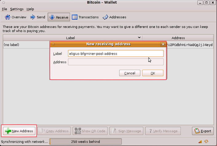 The dialog box after clicking 'New address' on the 'Receive' screen of bitcoin-qt