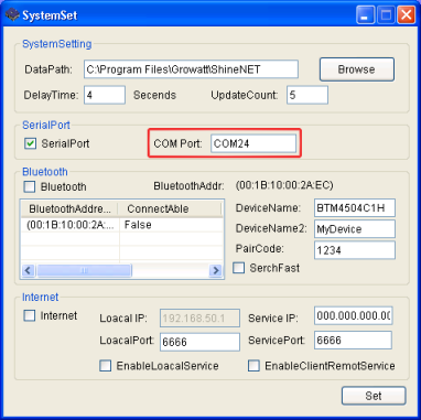 ShineNet SystemSet dialog box set to COM24