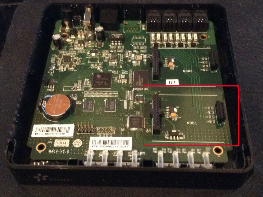 MyPBX Soho with top cover removed; slot 1 highlighted in red.