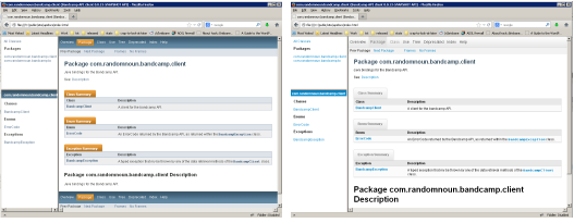 The standard javadoc stylesheet these days (lhs) versus the modified stylesheet (rhs)