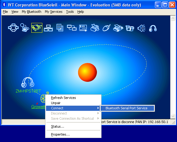 BlueSoleil before and after connecting to the Serial Port Service to the DB9 to Bluetooth adapter (called "Growatt Inverter" above)